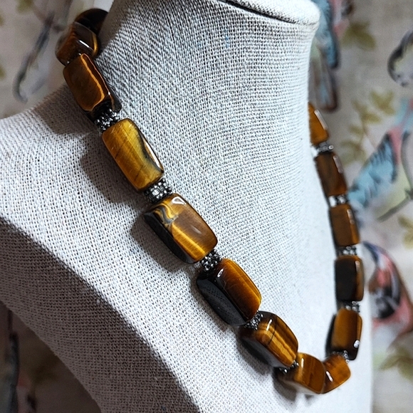 Heavy Stone Tiger's Tiger Eye Brown Carmel Cold Vintage Silver Tone Necklace - Picture 3 of 8